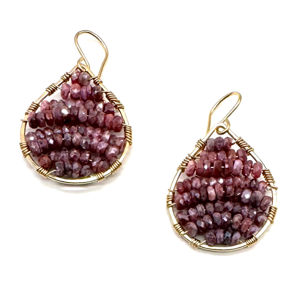Gold Teardrop Earrings in Pink Rubies, Petite-Medium