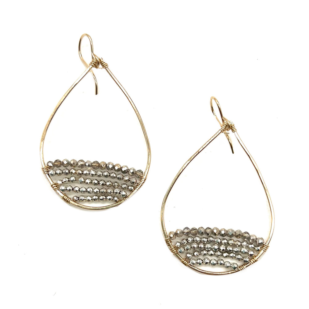Gold Semi-Beaded Teardrop Earrings in Pyrite, Medium