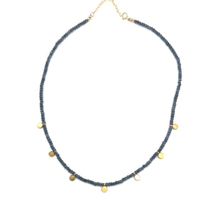 
            
                Load image into Gallery viewer, Faceted Sapphire + Gold Disk Necklace
            
        
