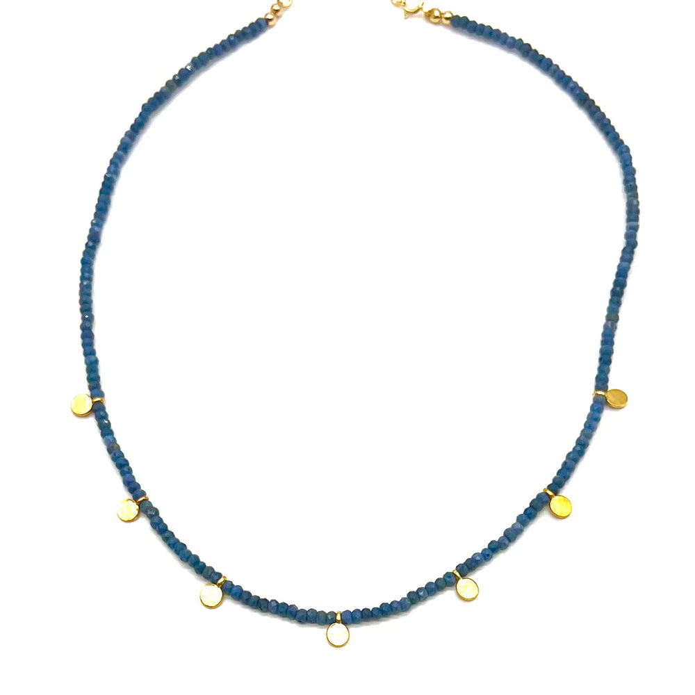 
            
                Load image into Gallery viewer, Faceted Sapphire + Gold Disk Necklace
            
        