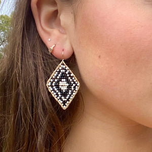 Gold Diamond Shape Earrings in Black + White, Medium