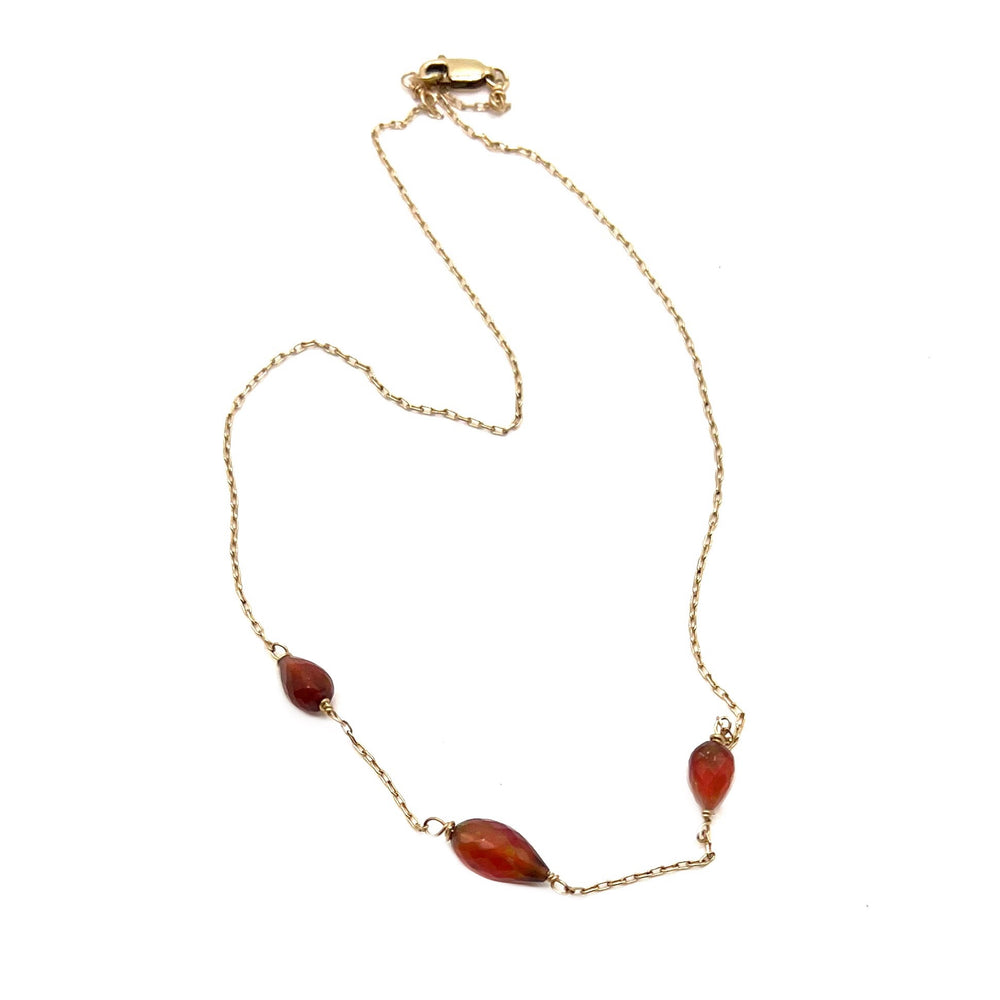 
            
                Load image into Gallery viewer, Red Fire Opal Trio Teardrop Necklace on Gold Chain
            
        