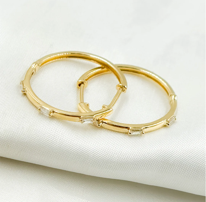 14K Gold + Diamond Baguette Hoops - 23 mm