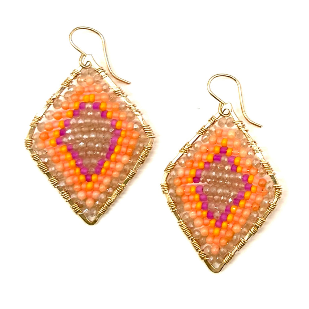 Gold Diamond Shape Earrings in Citrine + Coral, Medium