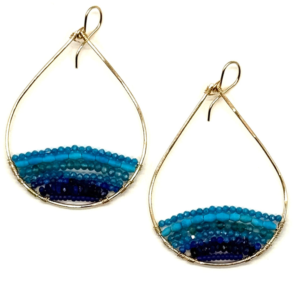 Gold Semi-Beaded Teardrop Earrings in Blue Lagoon, Large