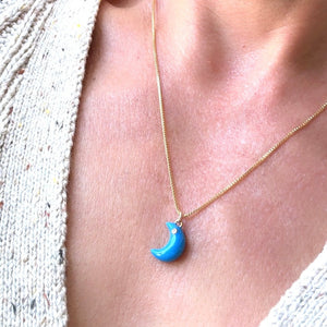 Enamel Moon w/Diamond Pendant Necklace - Sky Blue