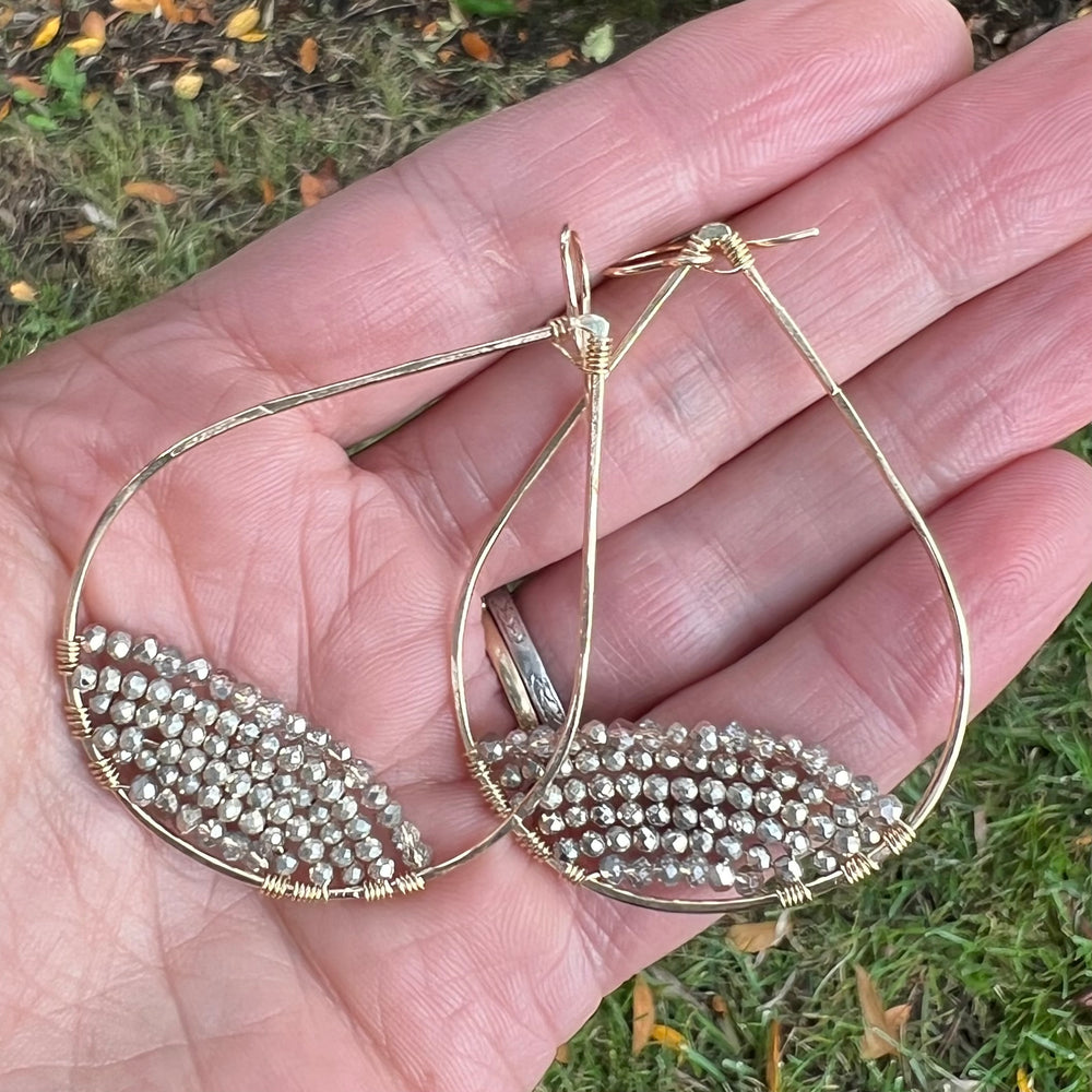 Gold Semi-Beaded Teardrop Earrings w/Silver Pyrite, Large