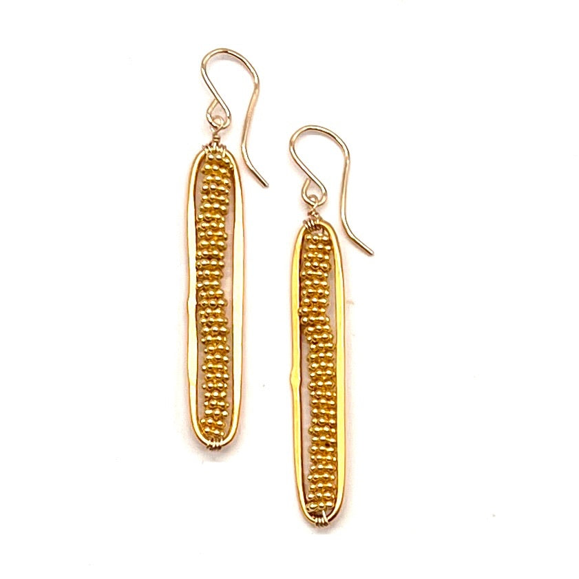 Gold Long Oval Earrings in Gold Flower Beads