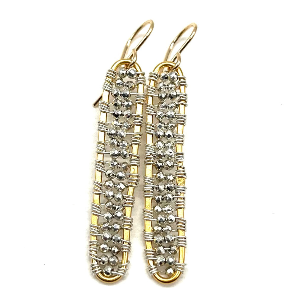 Gold Long Oval Earrings in Silver Pyrite