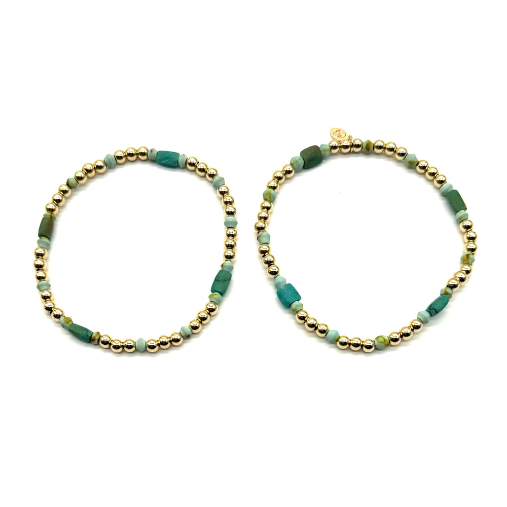 Gold Beaded + Afghani Turquoise Stretch Bracelet Duo