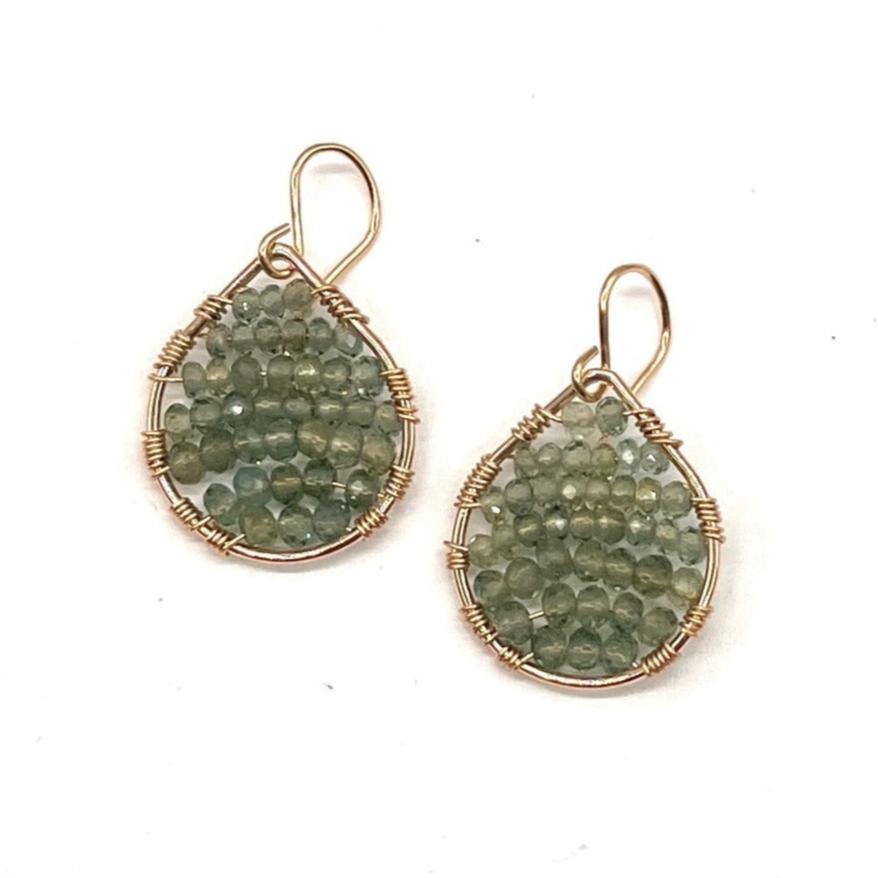 Gold Teardrop Earrings in Green Apatite, Small