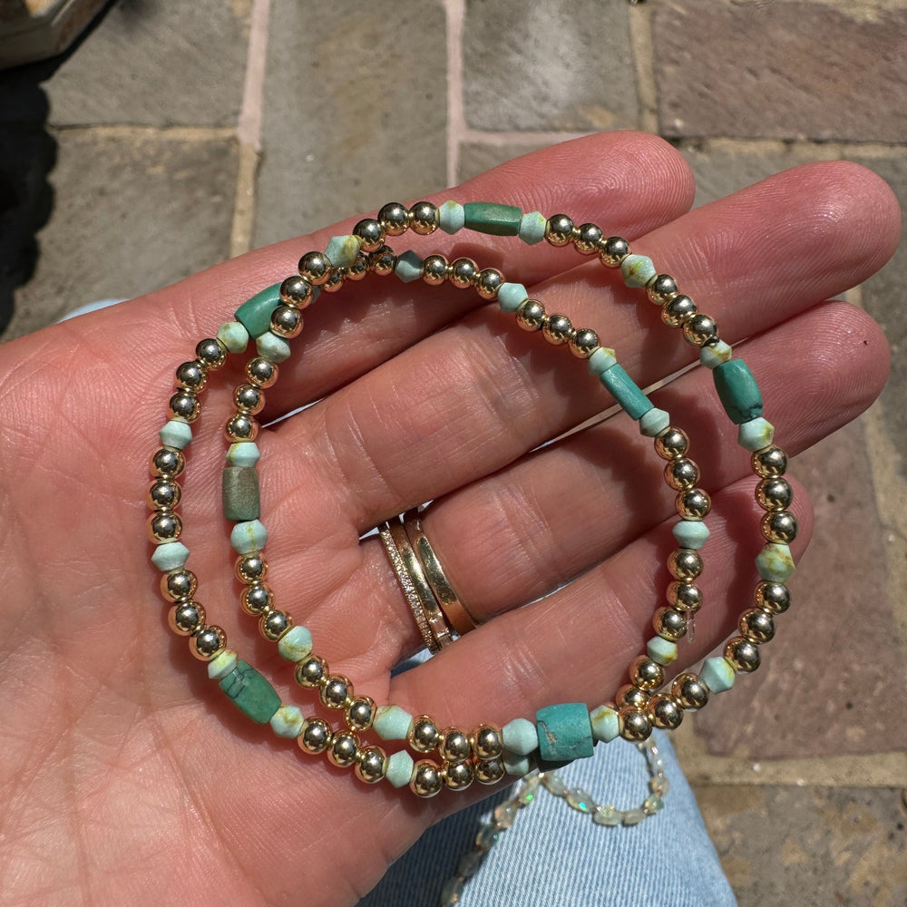 Gold Beaded + Afghani Turquoise Stretch Bracelet Duo