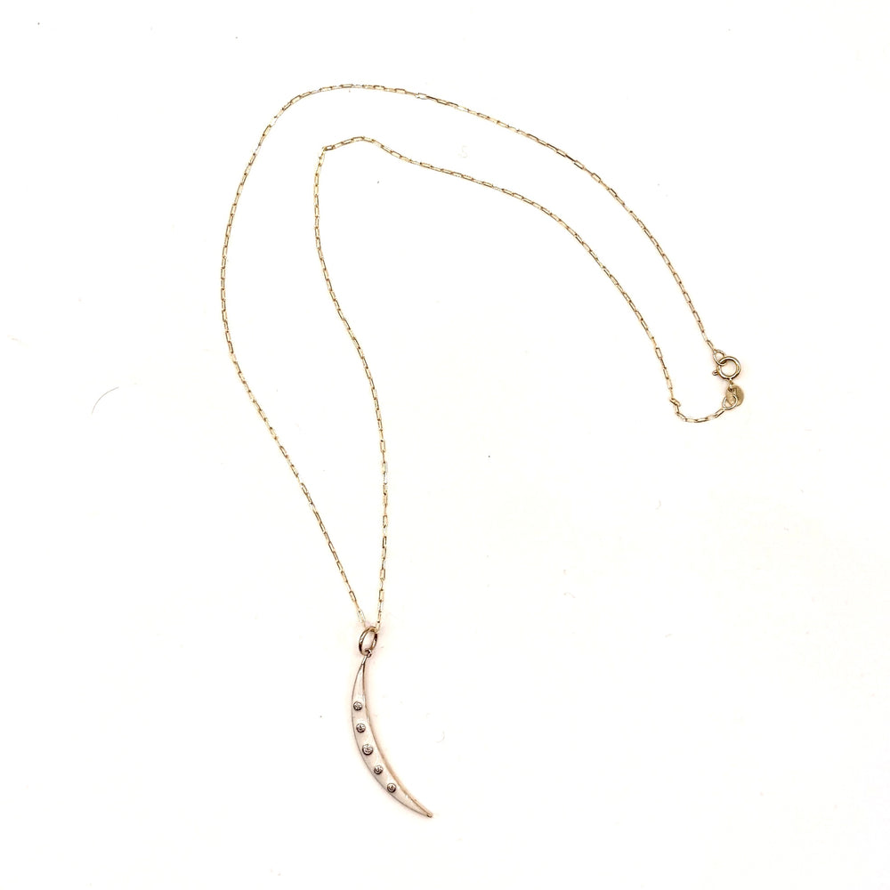 14K Gold + Diamond Crescent Enamel Moon Pendant Necklace - White