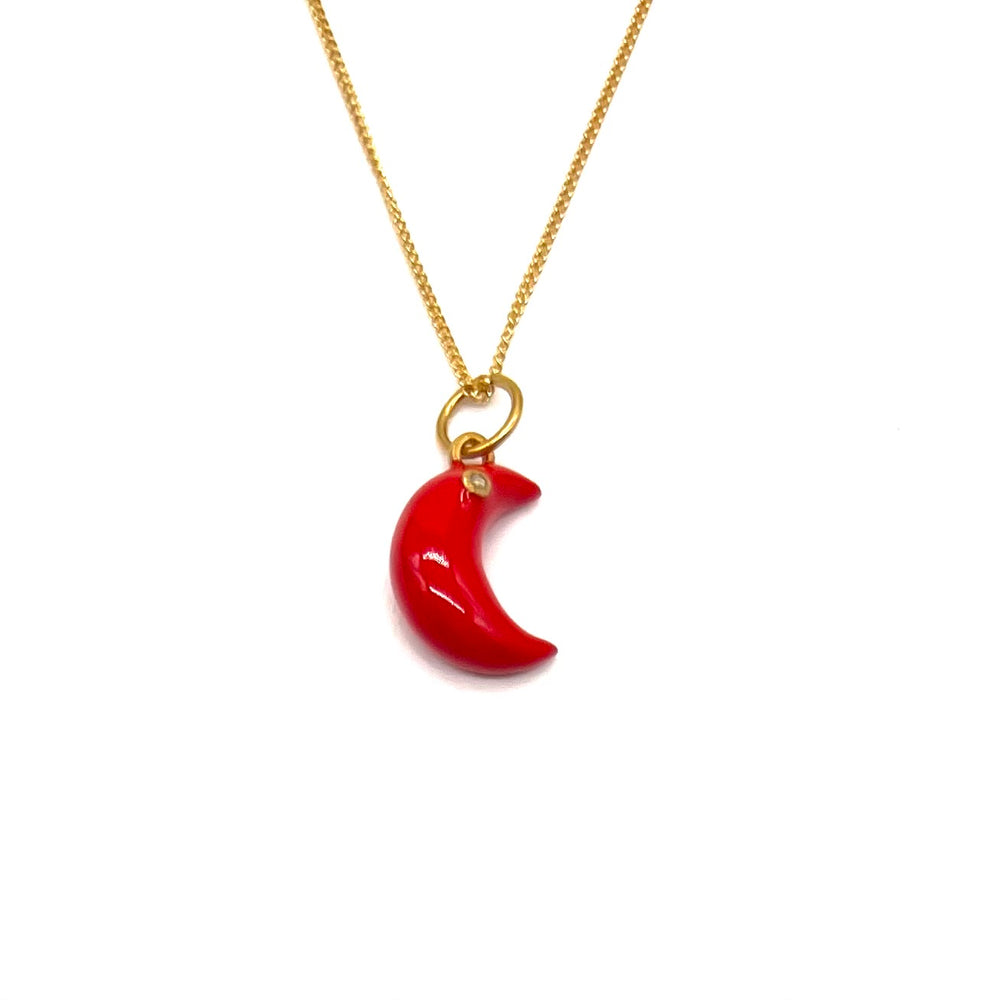 
            
                Load image into Gallery viewer, Enamel Moon w/Diamond Pendant Necklace - Red
            
        