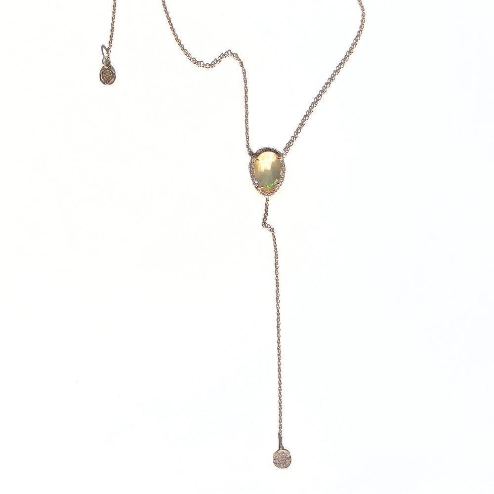 
            
                Load image into Gallery viewer, 14k Gold + Fire Opal + Diamond Lariat Necklace
            
        
