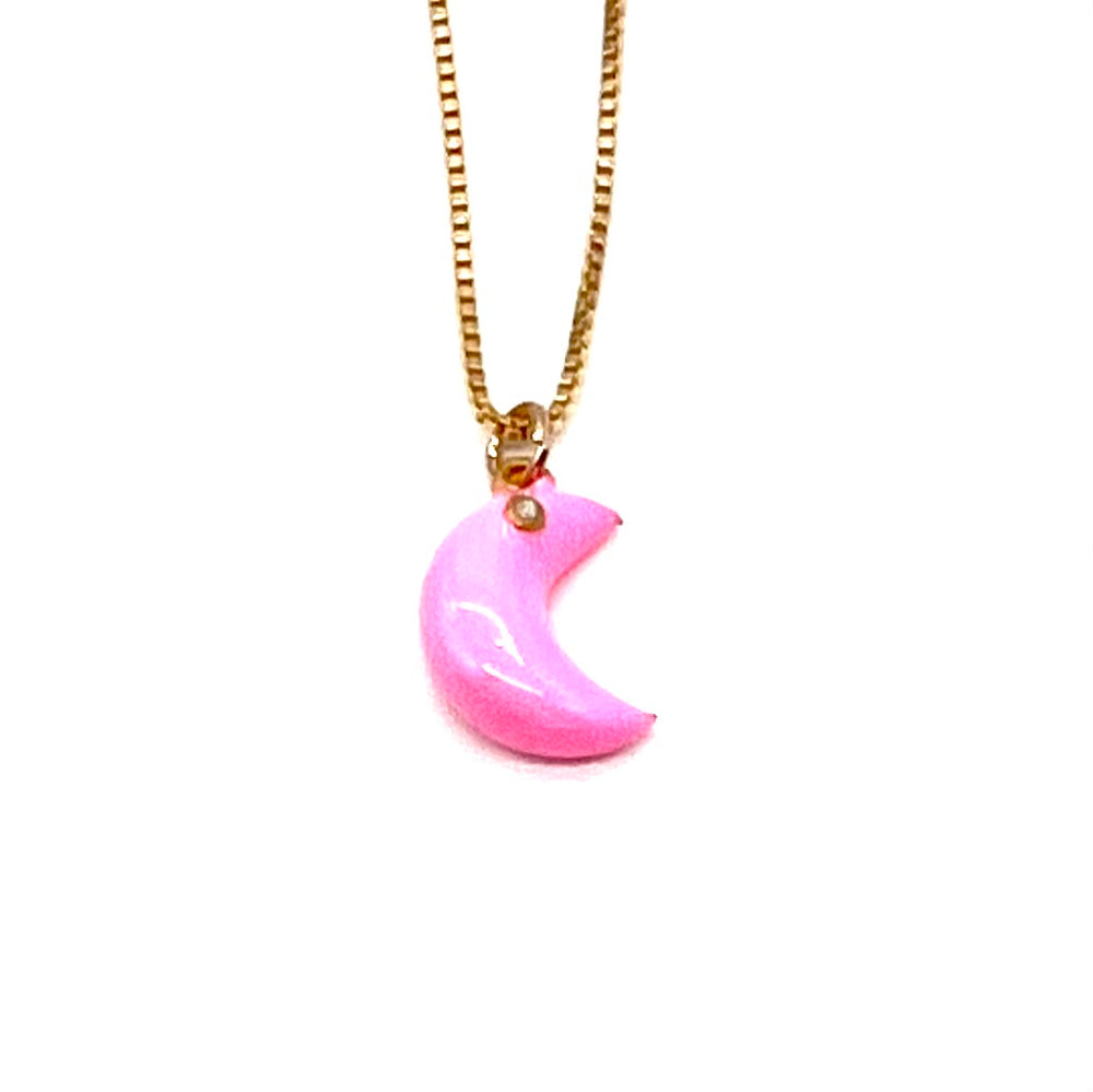 Enamel Moon w/Diamond Pendant Necklace - Hot Pink