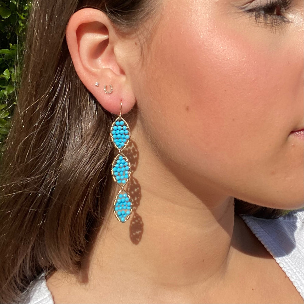 Gold Triple Marquise Dangling Earrings in Turquoise