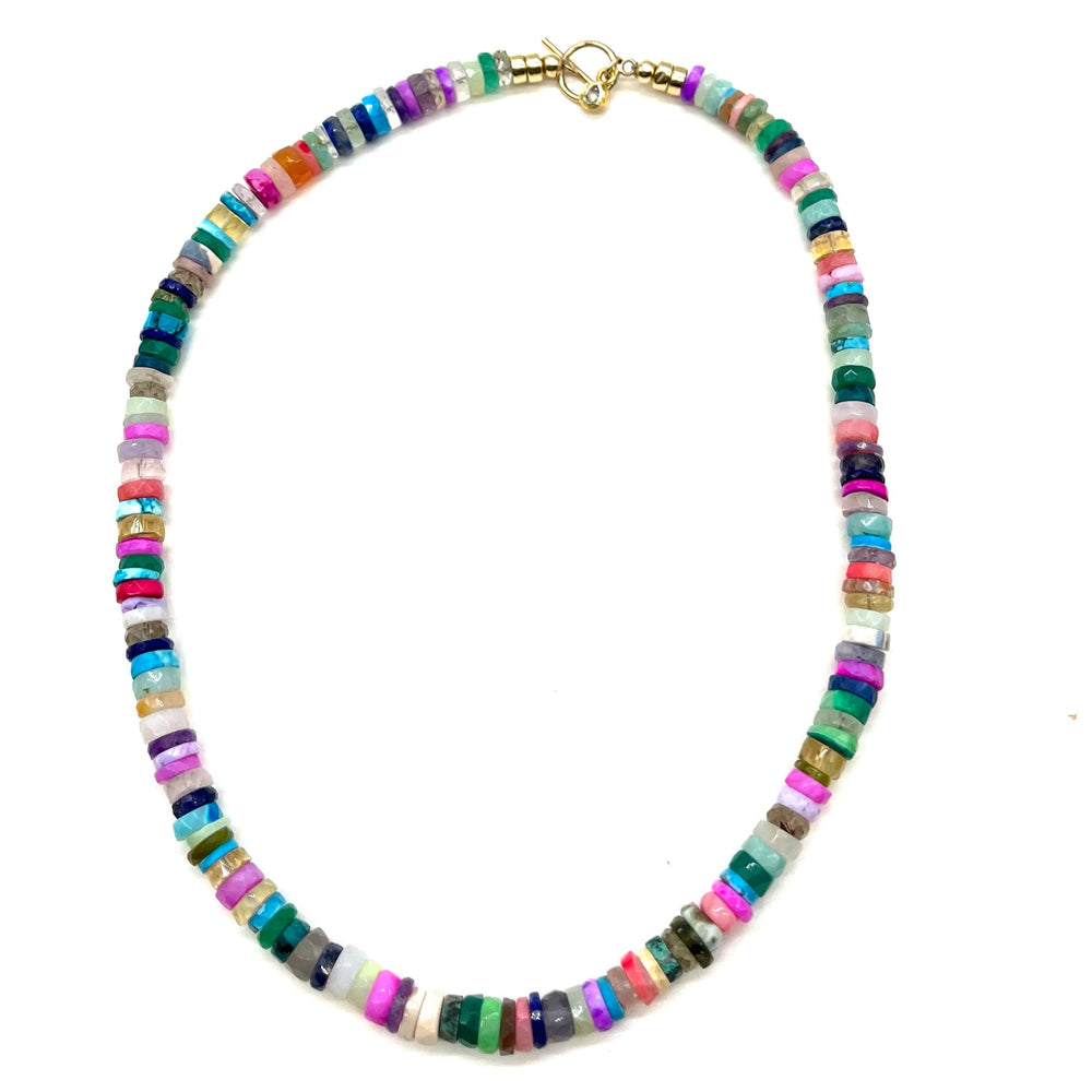 Candy Necklace - Multi Stone w/Gold + Diamond Charm 18”