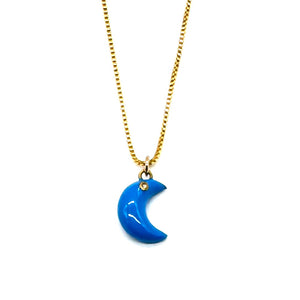 Enamel Moon w/Diamond Pendant Necklace - Sky Blue