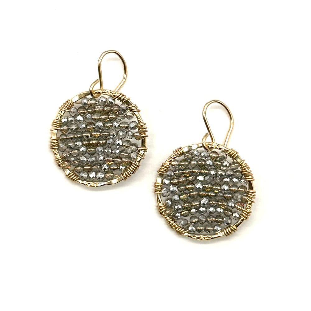 Gold Circle Earrings in Silver Crystals, Medium