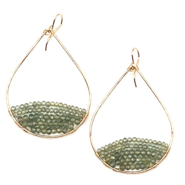 Gold Semi-Beaded Teardrop Earrings in Green Apatite, Large