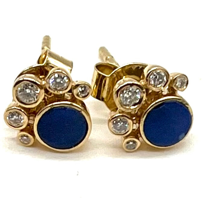 14K Gold Diamond + Blue Opal Stud Earrings