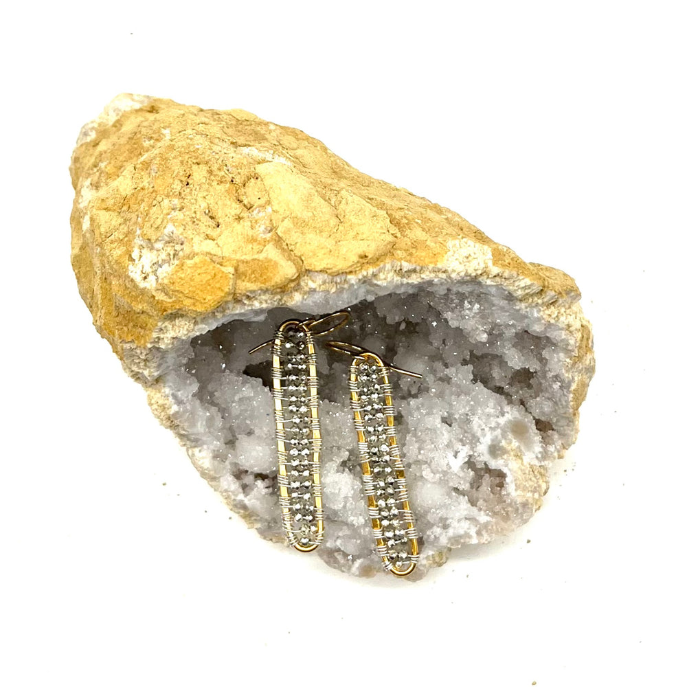 Gold Long Oval Earrings in Silver Pyrite