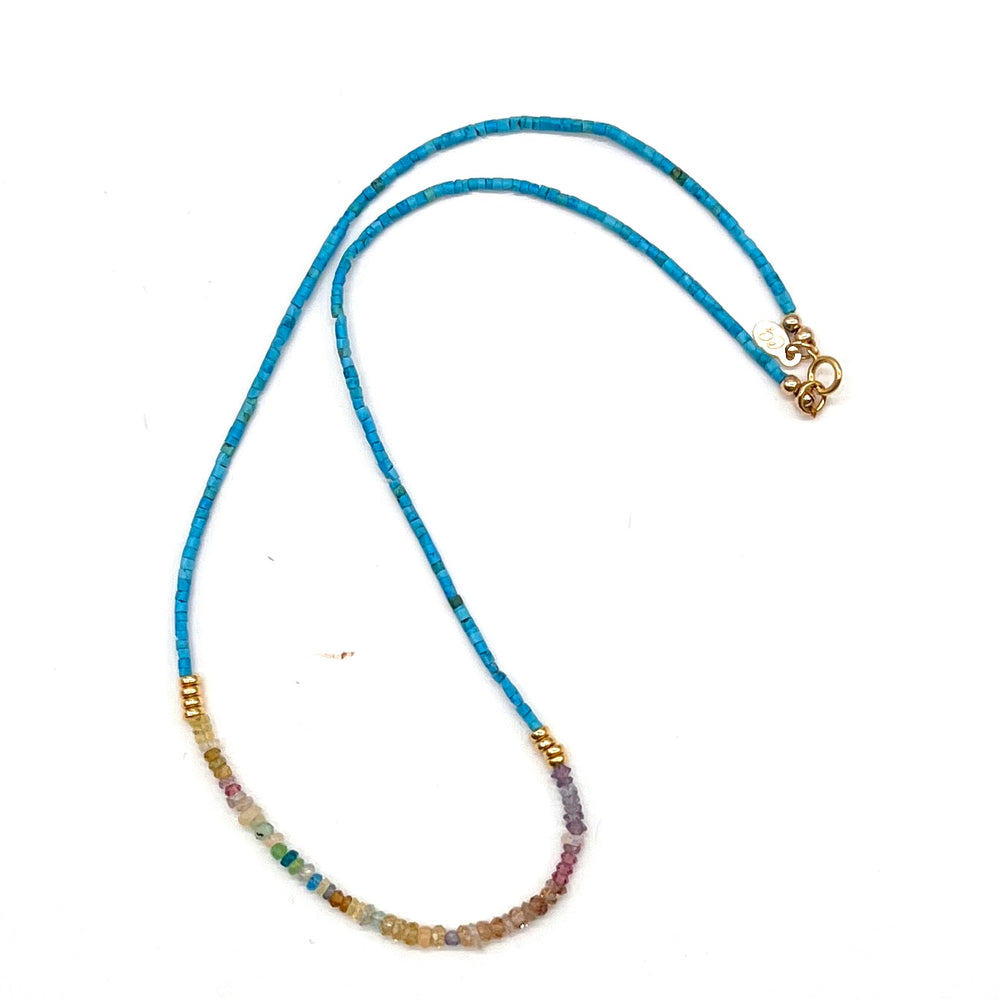 Turquoise, Sapphire + Opal Beaded Necklace - 16"