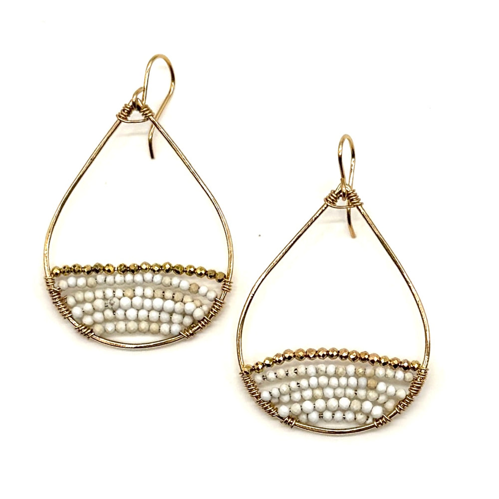 Gold Semi-Beaded Teardrop Earrings in White Dune, Medium