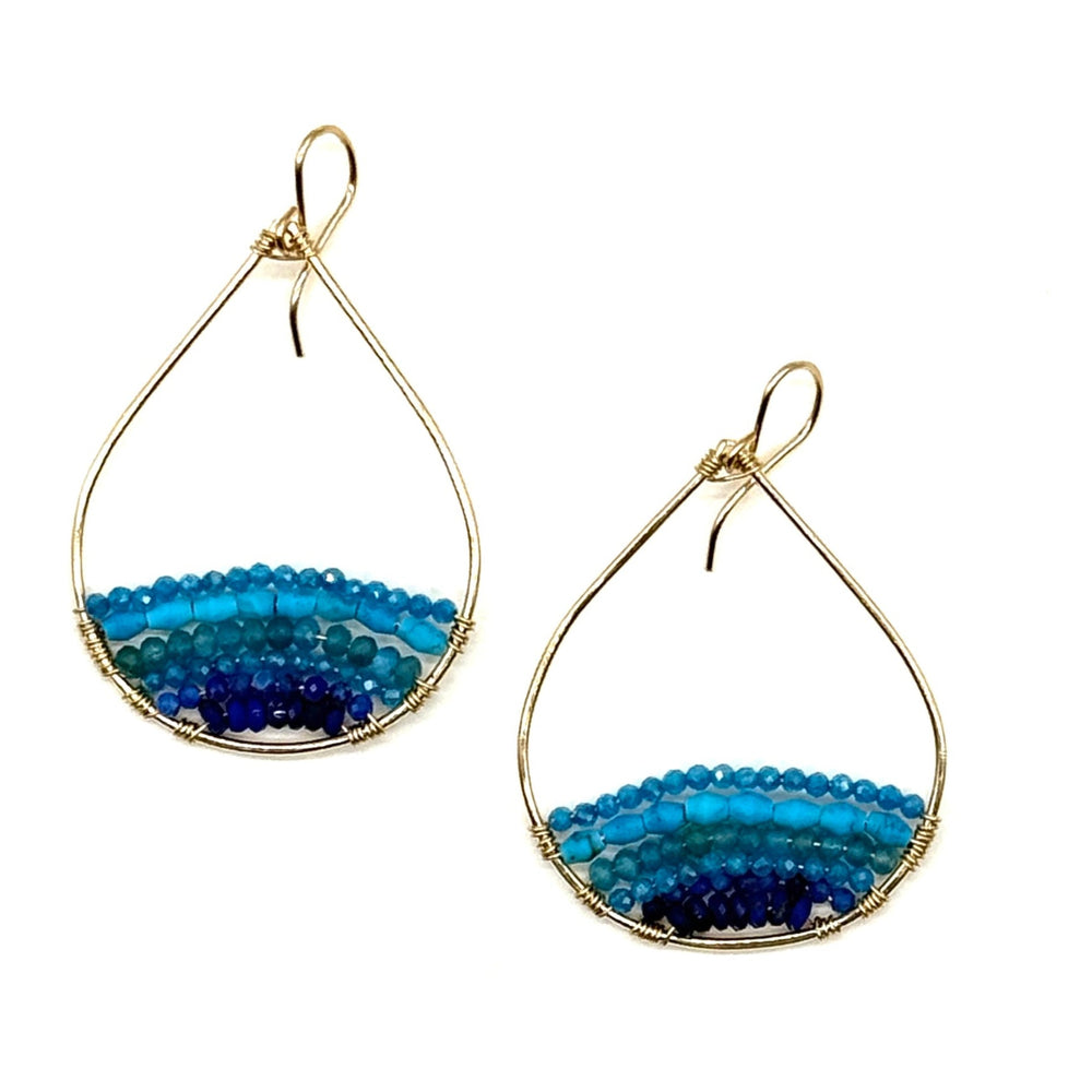 Gold Semi-Beaded Teardrop Earrings in Blue Lagoon, Medium