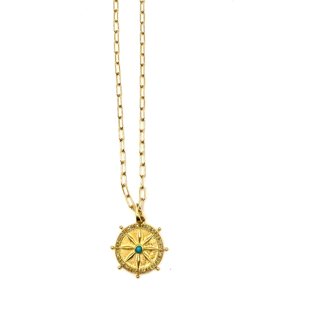 18K Gold Vermeil + Diamonds with Turquoise Round Fancy Pendant