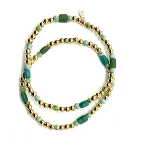 Gold Beaded + Afghani Turquoise Stretch Bracelet Duo