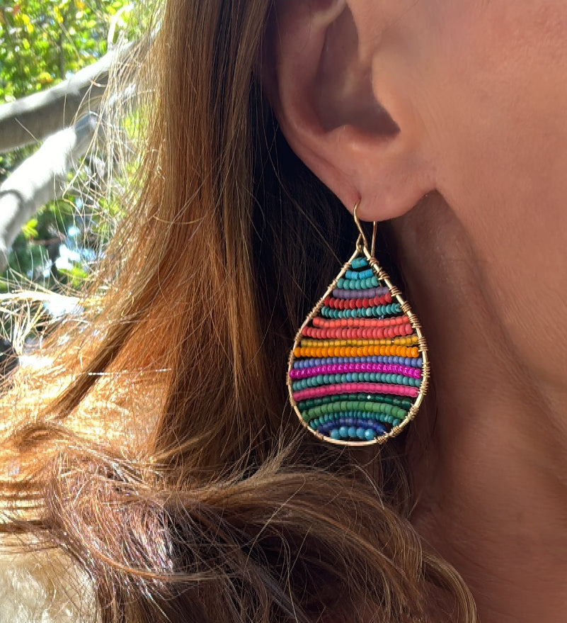 Gold Teardrop Earrings in Bold Rainbow, Medium