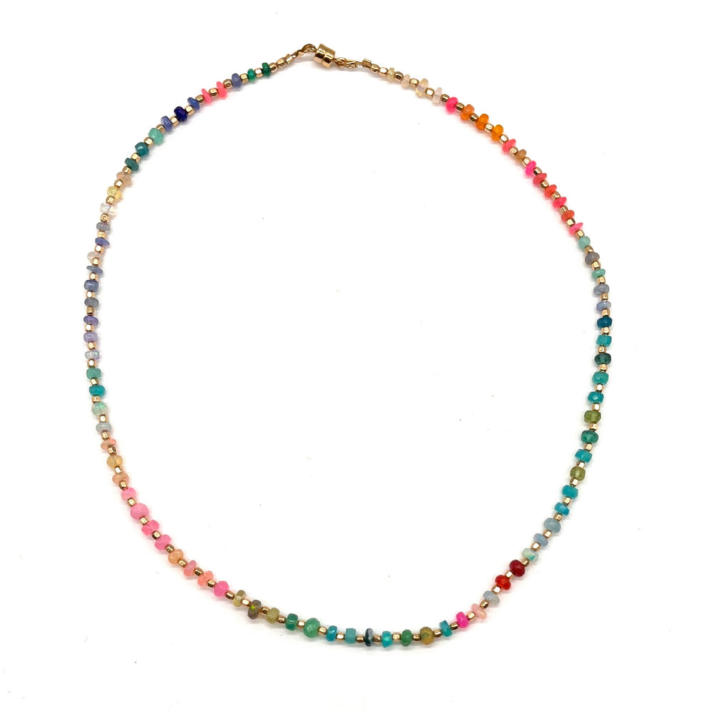 Rainbow Opal + Gold Square Bead Necklace - 16.75”