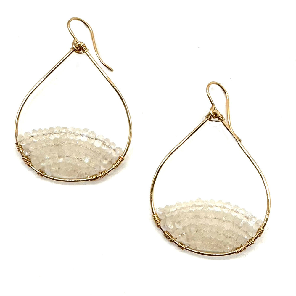 Gold Semi-Beaded Teardrop Earrings in Moonstone, Medium