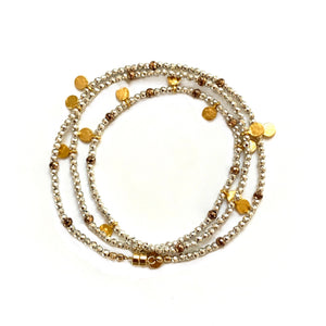 
            
                Load image into Gallery viewer, Triple Wrap Bracelet -Silver Pyrite + Gold Disks
            
        