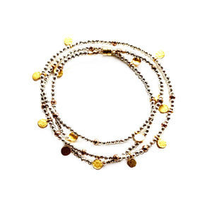 
            
                Load image into Gallery viewer, Triple Wrap Bracelet -Silver Pyrite + Gold Disks
            
        