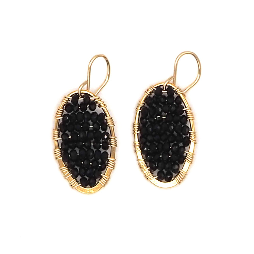 
            
                Load image into Gallery viewer, Gold Beaded Oval Earrings in Jet Black, Small
            
        