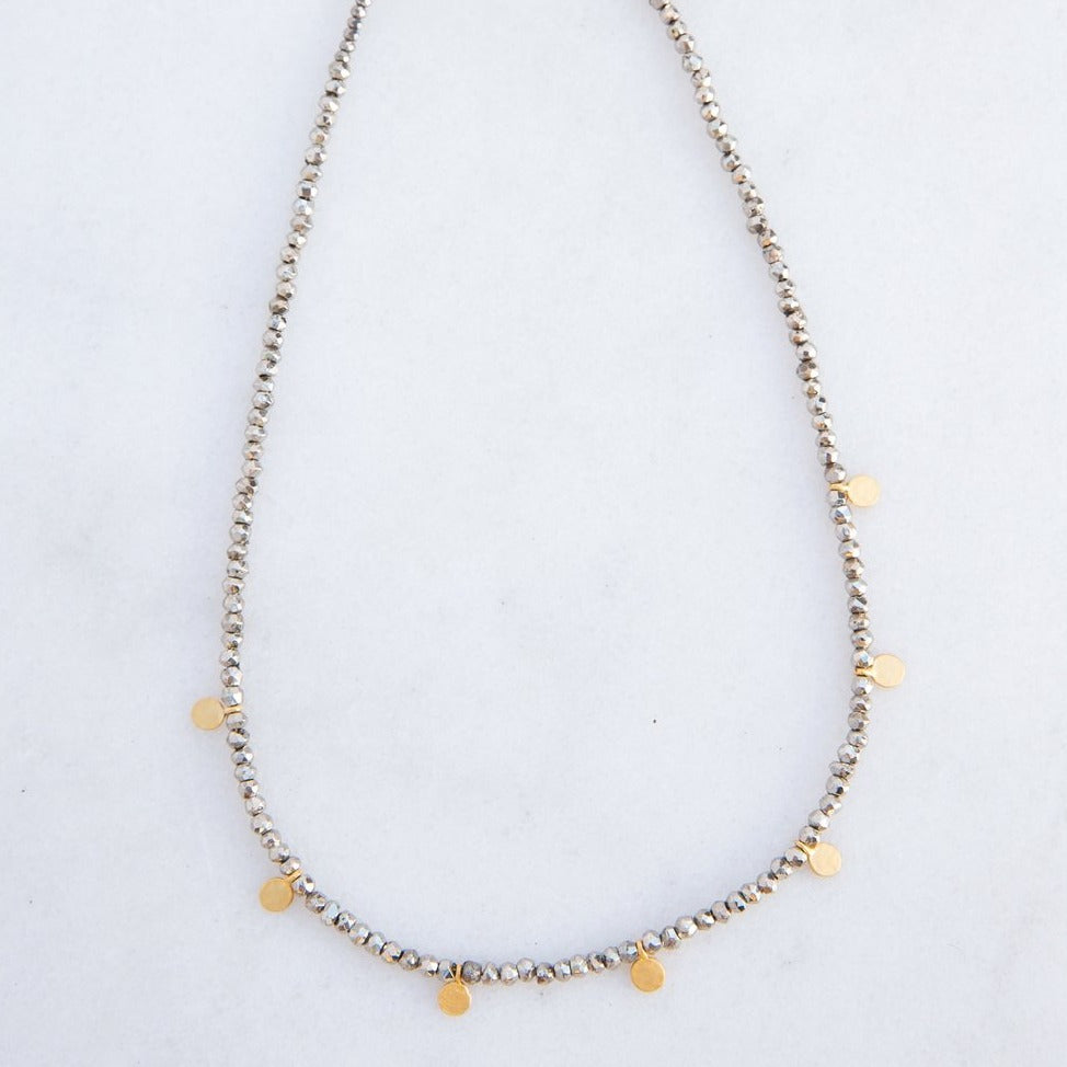 Gold Disk Necklace - Silver Pyrite