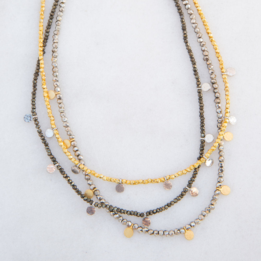 Gold Disk Necklace - Silver Pyrite