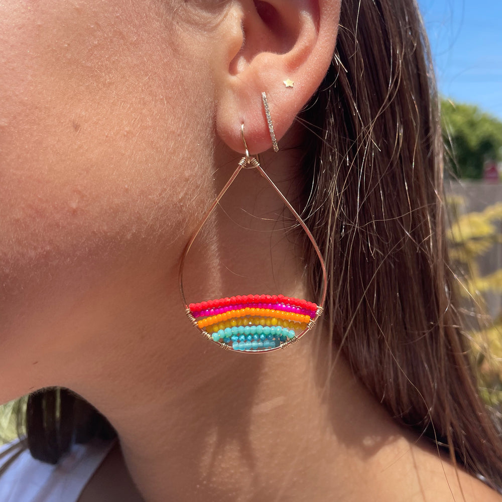 Gold Semi-Beaded Teardrop Earrings in Rainbow, Large