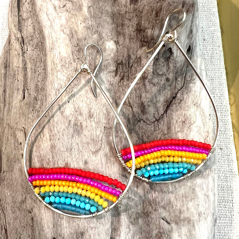 Gold Semi-Beaded Teardrop Earrings in Rainbow, Large