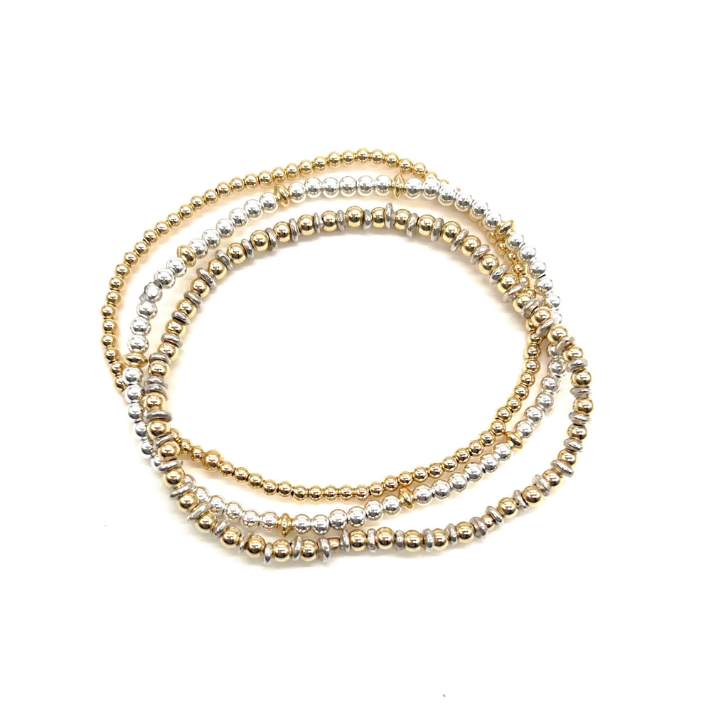 
            
                Load image into Gallery viewer, Silver + Gold Beaded Stretch Bracelets- Set of 3
            
        