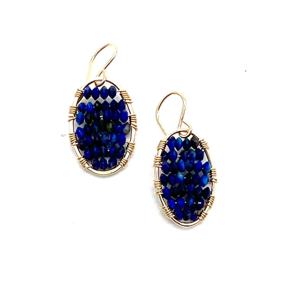 Gold Oval Earrings in Lapis, Small